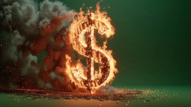 A conceptual illustration of a burning dollar sign engulfed in intense flames and smoke, symbolizing financial crisis, economic collapse, market volatility, and significant wealth loss