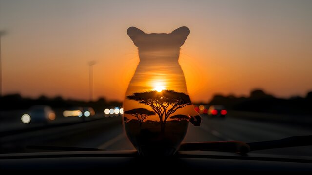 Creative double exposure technique merging the silhouette of a feline figure with a vibrant African savanna sunset over a highway dashboard view.