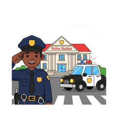 Friendly Police Character with Patrol Car and Police Headquarters. © Rizky