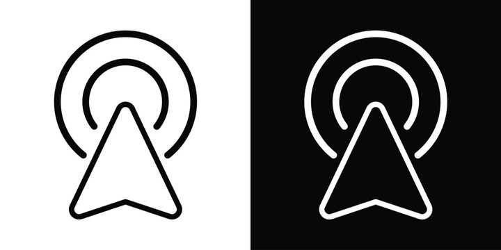 Symmetrical triangular pointer icon centered within concentric ripple rings. Indicates location, beacon, or focal point selection. Versatile vector symbol for maps and UI interactions.