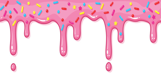Glossy pink strawberry icing drips down with colorful sprinkles in this sweet cartoon vector border design on a transparent background