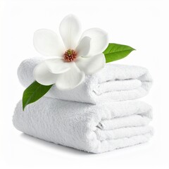 Stack of white folded towels with a large magnolia blossom on a white background