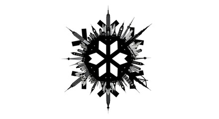 Silhouette of a geometric snowflake pattern composed of various famous global city landmarks and skyscrapers