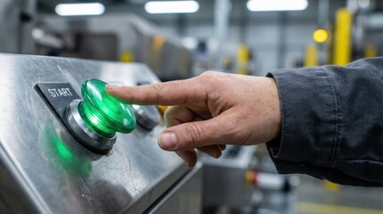 Hand pressing green start button on industrial machine control panel in factory setting, with blurred machinery and equipment visible in the background, emphasizing operational readiness 