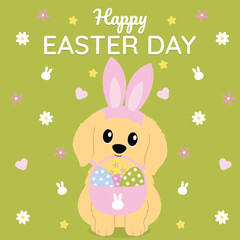 Happy Easter Day with Cute Puppy in Bunny Ears and Eggs