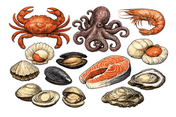 Obraz premium A detailed vintage-style illustration of various seafood items including crab, octopus, shrimp, salmon steak, and various shellfish like mussels and oysters on a black background.