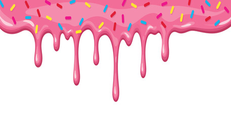 Glossy pink strawberry icing drips down with colorful sprinkles in this sweet cartoon vector border design on a transparent background © Stock4line