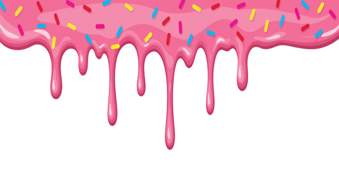 Glossy pink strawberry icing drips down with colorful sprinkles in this sweet cartoon vector border design on a transparent background