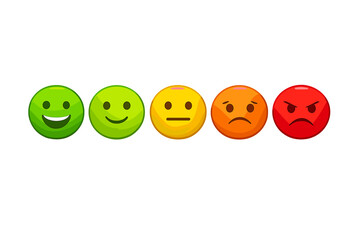 Naklejka premium Five colorful emoji faces representing a range of emotions from happy to angry are displayed in a horizontal row against a solid black background. The icons use a color gradient scale.