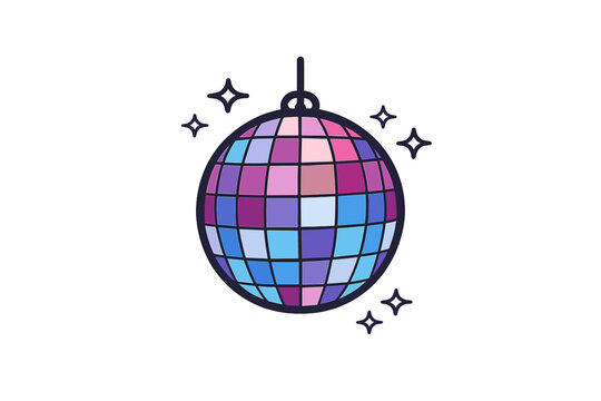 A flat illustration features a vibrant disco ball with pink, purple, and blue mirrored tiles. It hangs from a hook against a dark background decorated with small white sparkles.