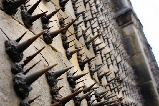 Close up of rusty spikes covering a building wall, providing security and creating an impenetrable fortress