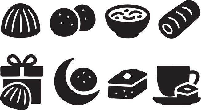 Festive dessert icon collection for Ramadan and Eid with traditional sweets and celebration treats vector EPS.