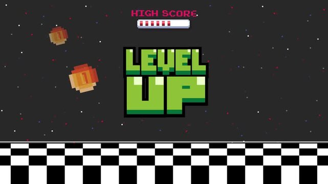 Level up screen. Retro pixel arcade machine 8 bit monitor press start play button vintage console 1980s.	
