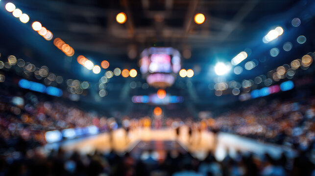 Blurred bokeh background of a basketball arena, match, blurred players and fans, the entire image is out of focus, sports, game, basketball court, lights