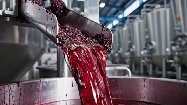 Red wine being processed and flowing out of a stainless steel chute into a large vat in a modern winery.