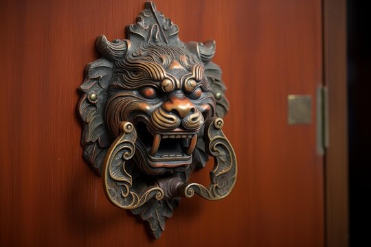 Close up of a decorative lion head door knocker, showcasing its intricate details and the rich texture of the wooden door