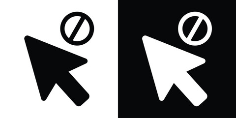 Mouse cursor icon with a prohibited stop sign. Represents restricted access, error, or disabled actions. Minimalist black and white vector graphic for web UI and interface error states. © bibin