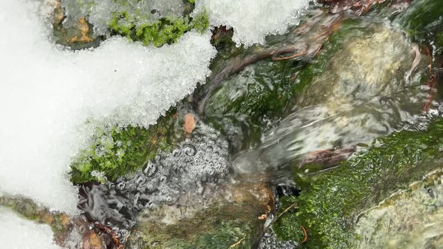 A small stream of water trickles over green moss and smooth stones nestled in the snow. This gentle flow creates a continuous, soft murmur punctuated by gurgling sounds as bubbles form in the current.