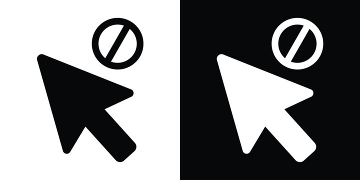 Mouse cursor icon with a prohibited stop sign. Represents restricted access, error, or disabled actions. Minimalist black and white vector graphic for web UI and interface error states.