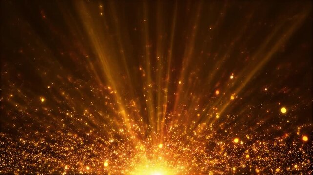Vibrant explosion of golden sparks and lights radiating from a central point, creating a dynamic and energetic visual effect from a frontal viewpoint
