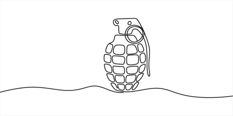One line drawing of a classic hand grenade with a safety pin on a white background Vector, illustration © Kanu Art_Gallery
