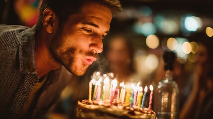 Man Blowing Out Birthday Candles in Warm Party Atmosphere