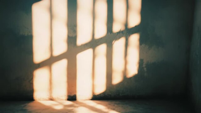 Sunlight casting strong shadows of prison like window bars onto a concrete wall and floor, creating a sense of confinement, isolation, and hope within a dark space