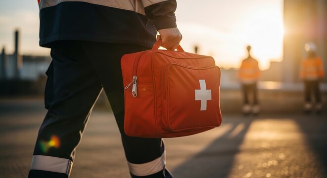 Worker carrying a first aid kit on an industrial site at sunrise