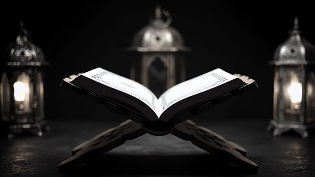 An open Quran with illuminated lanterns in the background, symbolizing faith and devotion.