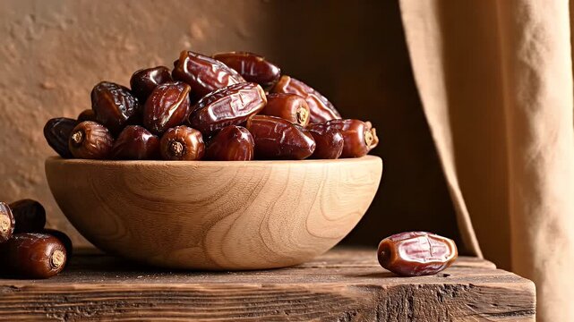 A close-up shot of a wooden bowl filled with a pile of fresh, ripe dates.