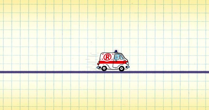 Emergency medical services car cartoon animation on grid. Fast driving greenbox seamless loop vehicle on exercise book light page with dark fat drawing line.