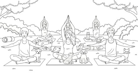 Obraz premium Outdoor Yoga Class with Various Pets, Nature Lovers Coloring Activity Page. transparent.