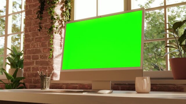 All-in-One Computer Screen Mockup Dynamic Camera Right Bottom Prerspective Movement &ndash; Speed Ramp Camera Move, Chroma Key Green Display in Bright Loft Office Interior. Tracking Clip Included