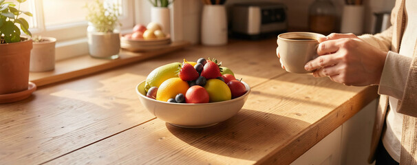 Fresh fruits on a wooden table with a person holding a cup in a bright kitchen during morning hours