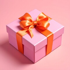Obraz premium Square pink gift box with a bright orange ribbon and bow on a matching pink background