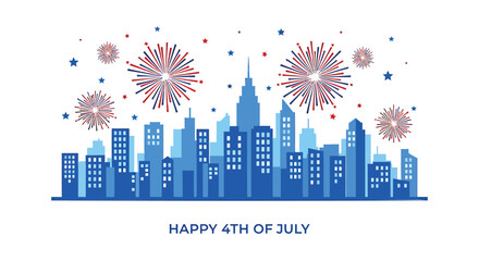 Fototapeta premium American Independence Day city skyline icon with fireworks, Happy 4th of July celebration vector graphic.