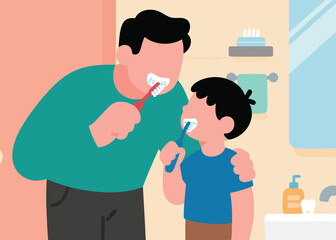 Vector of Father and Son Brushing Teeth Illustration Artwork Creative Design Template 