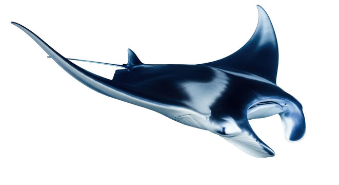 Isolated Manta Ray underwater, a large marine animal with cephalic fins and dark patterns