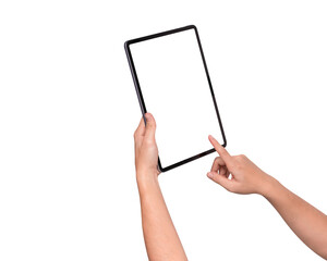 Hand using modern tablet mockup with blank screen isolated on transparent background. Tablet PC with empty display for copy space.