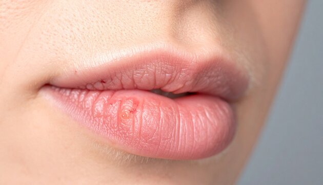 macro photograph of a human lip showing visible signs of localized inflammation and a small sore lesion.