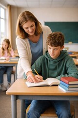 Fototapeta premium Teacher assisting schoolboy with reading and writing task at desk in classroom.