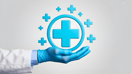 Obraz premium Hand in a blue medical glove holding a glowing health cross symbol, representing healthcare, wellness, and protection in a digital concept