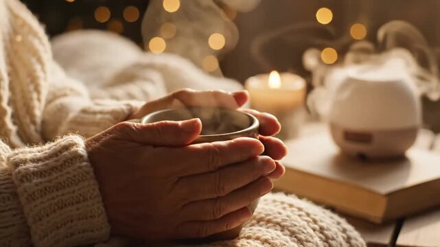 Cozy hands holding hot mug with warm light