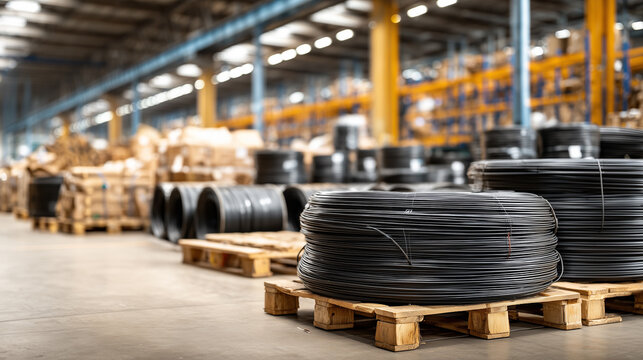 Industrial steel wire coil roll stacked on pallet inside modern factory warehouse interior