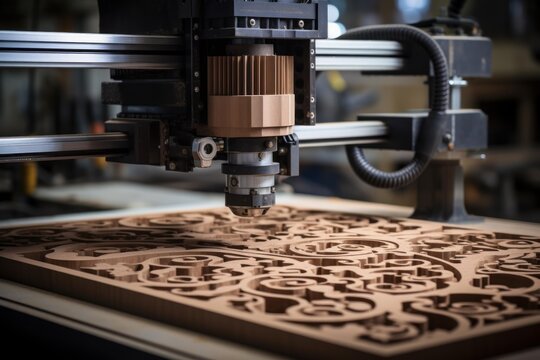 Automated cnc router carving a decorative floral pattern into a wood panel, showcasing precision and craftsmanship in modern woodworking