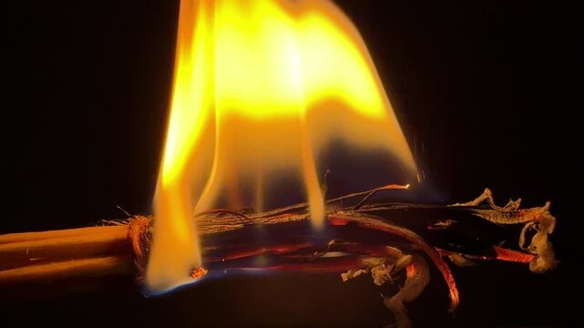 A bundle of wax-coated wooden splinters ignites into a bright, steady flame against a dark background. The burning wood and melting wax crackle and hiss merrily as they combust.