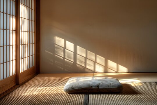 畳に置かれた座布団と差し込む陽光