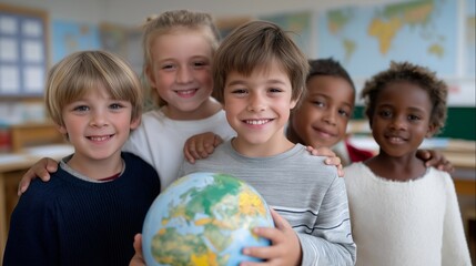 Fototapeta premium Diverse children gathered in a classroom, holding a globe while learning about different cultures. Brightly colored classroom decor, with sunlight streaming through the windows, cheerful