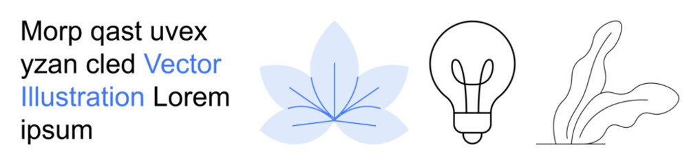 Graphic design, educational materials, branding, conceptual thinking, creativity, and advertising. Features text placeholder, blue flower element light bulb and abstract plant. Creativity