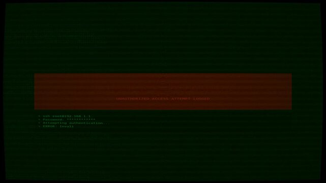 Access Denied Hacker Terminal Animation 4K - Green Matrix Code Typing on Black Screen with CRT Scanlines Glitch Effect Cyber Security Login Failed Unauthorized Access